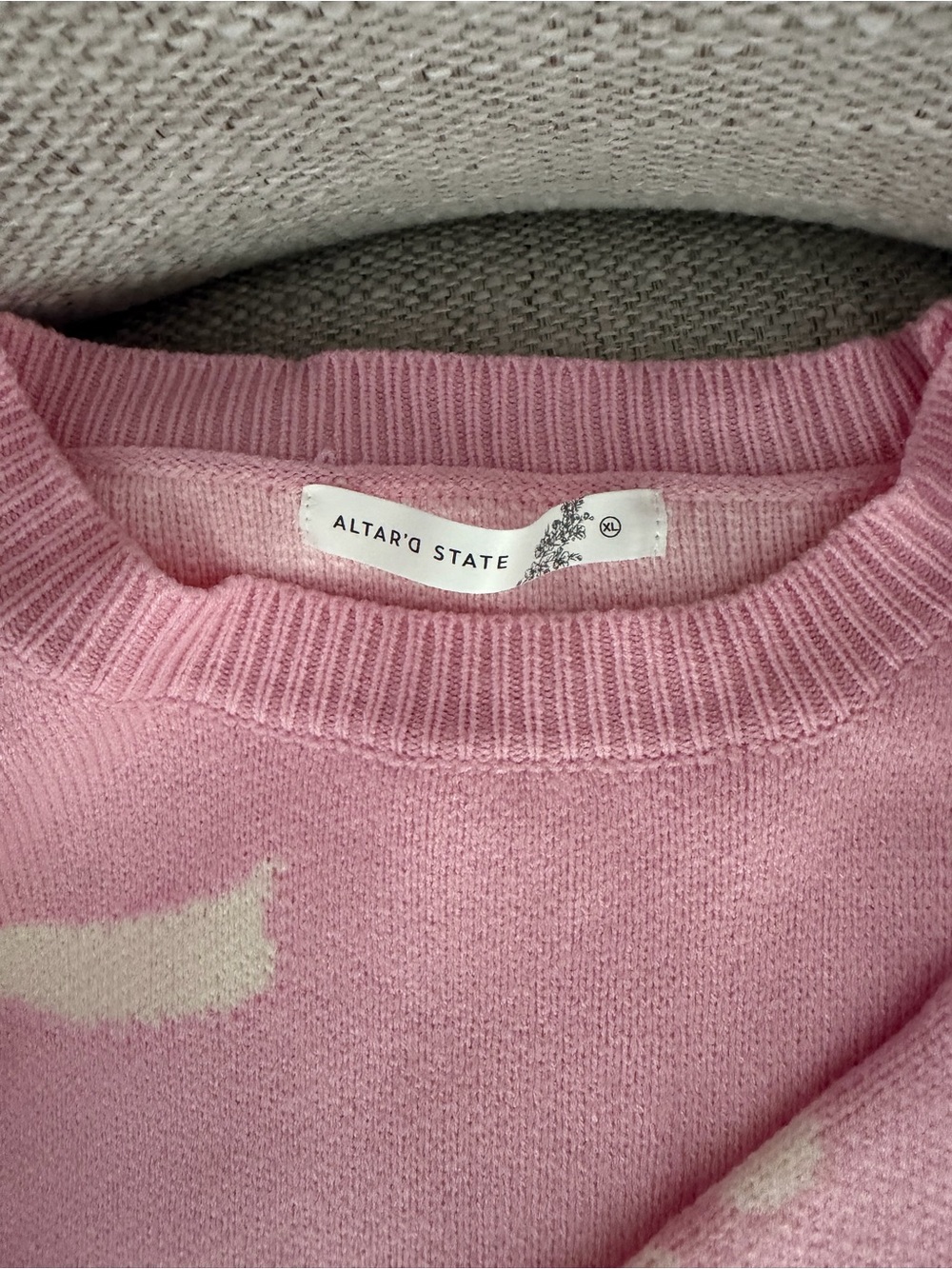 Altar'd State Pink Crewneck Sweater with Cream Bow Intarsia - Picture 2 of 4